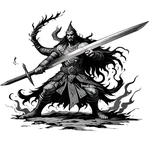 Ogun warrior wielding a sword emerging tattoo design idea