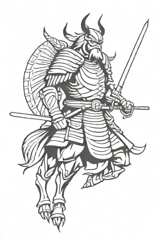 samurai standing proudly, eagle flying, bull bull bull tattoo design idea