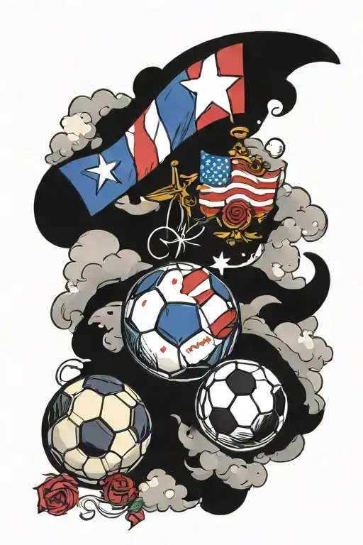 forearm sleeve tattoo with roses clouds and a soccer ball incorporating a theme of being french american with flags tattoo design idea