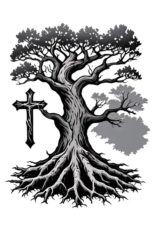 rooted in christ tree and roots and cross tattoo design idea