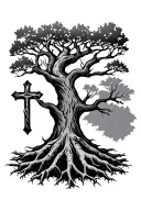 rooted in christ tree and roots and cross tattoo design idea