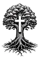 rooted in christ tree and roots and cross tattoo design idea