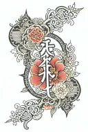 I want a design for my spine with the words God, family, love, faith in Japanese with a design that these words are inside a frame. tattoo design idea