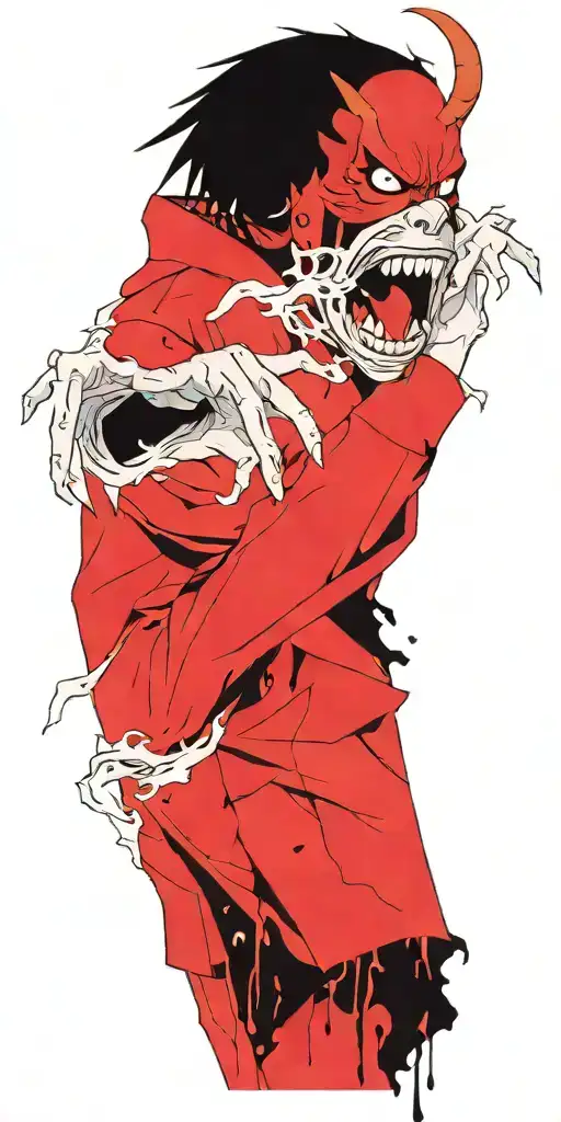 Anime character standing screaming wearing oni mask fighting off inner demons drowning tattoo design idea