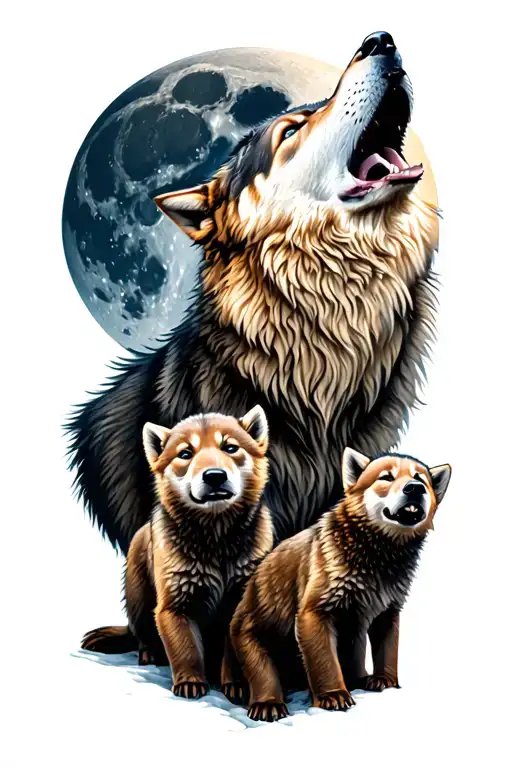 wolf howling at the moon and three cubs playing tattoo design idea
