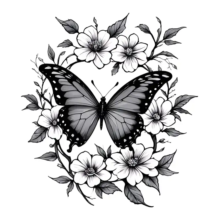 floral vine with butterfly tattoo design idea