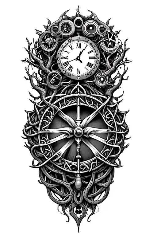 gothic celtic steampunk tree of life, libra scale, harley davidson engine & time tattoo design idea