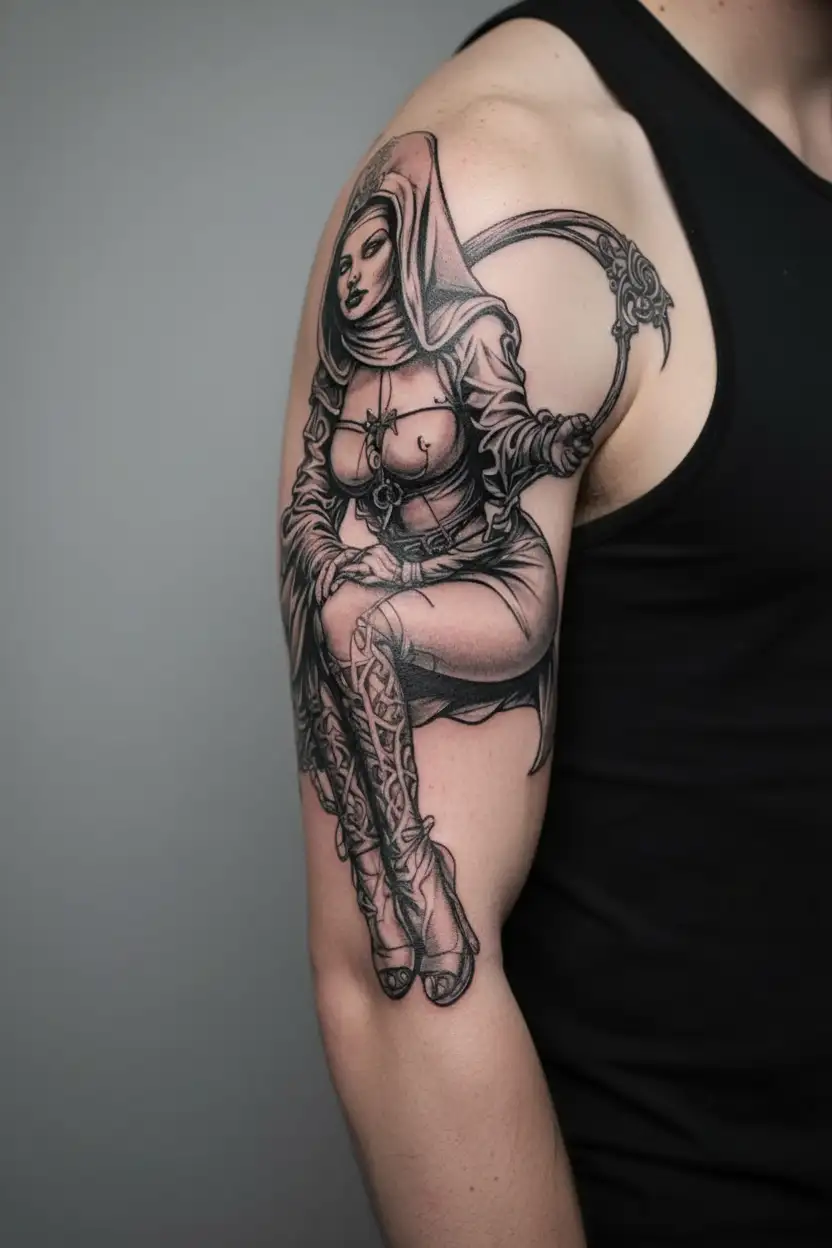 sexy BDSM nun horny tattoo design idea