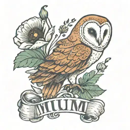 barn owl and a poppy flower and the word mum written tattoo design idea