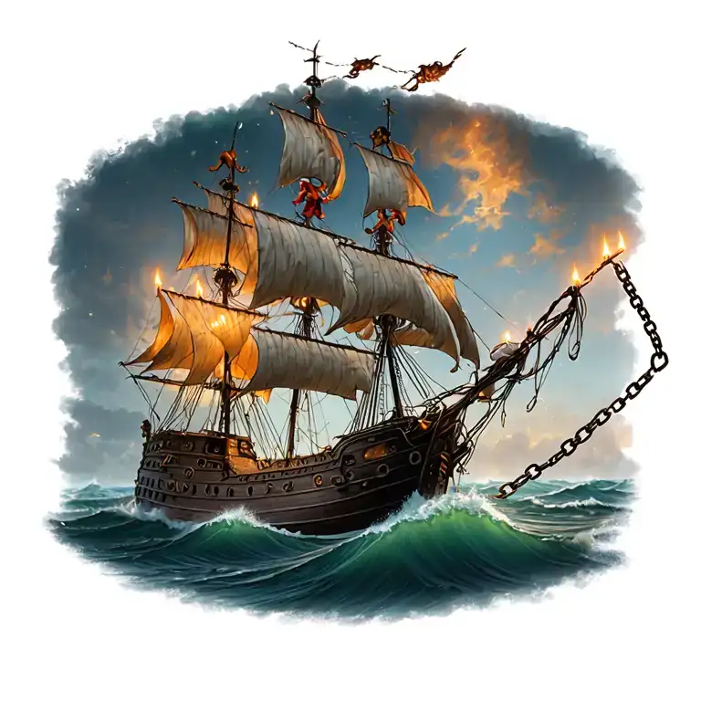 I want a tattoo of a pirate ship with sea full of waves and and candles in the wind three children rising over the chain tattoo design idea