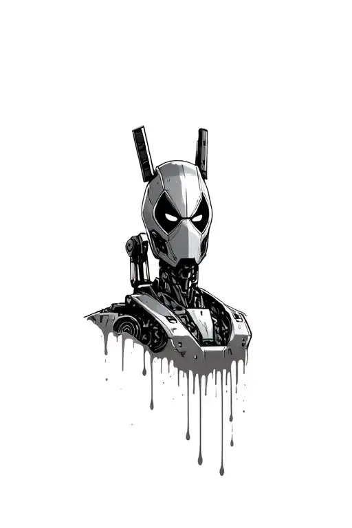 robot bust, in the style of Dead Pool, transformers with an excavator, dripping grease tattoo design idea