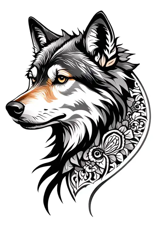 wolf head profile and mandala tattoo design idea