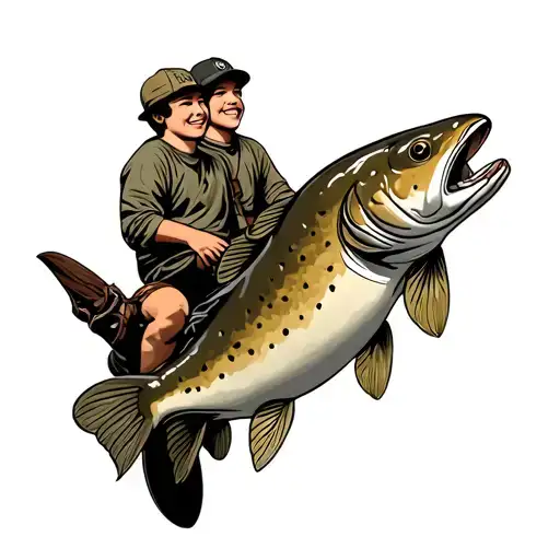 brown trout being rode by two boys sitting tattoo design idea