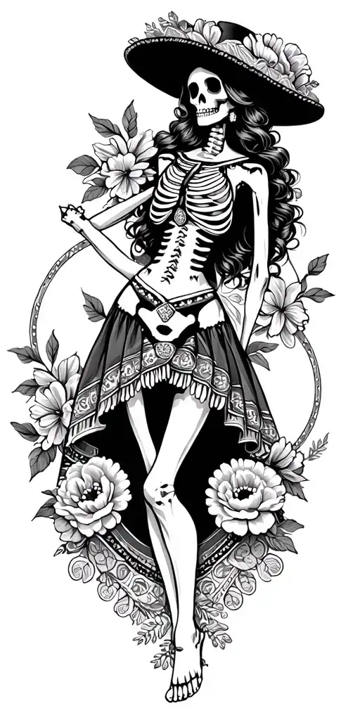 Mexican woman skeleton in Mexican dress with carnations surrounded with filigree no hat tattoo design idea