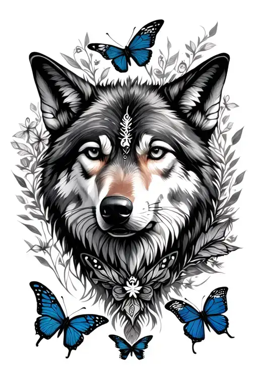 native wolf surrounded by butterflies  tattoo design idea
