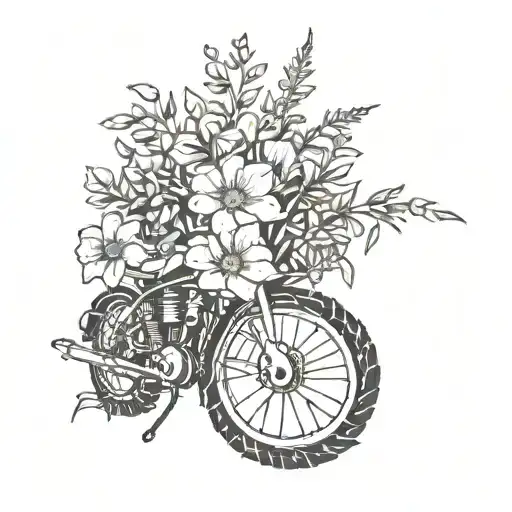 A delicate wildflower bouquet intertwined with a dirt bike chain tattoo design idea
