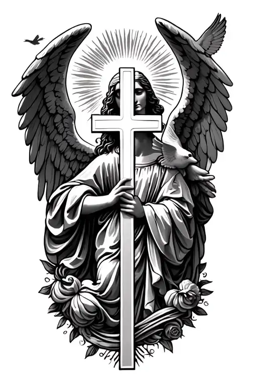 create a forearm tattoo with a angel surround by sun rays holding a cross and a dove flying and the gates of heaven with tattoo design idea