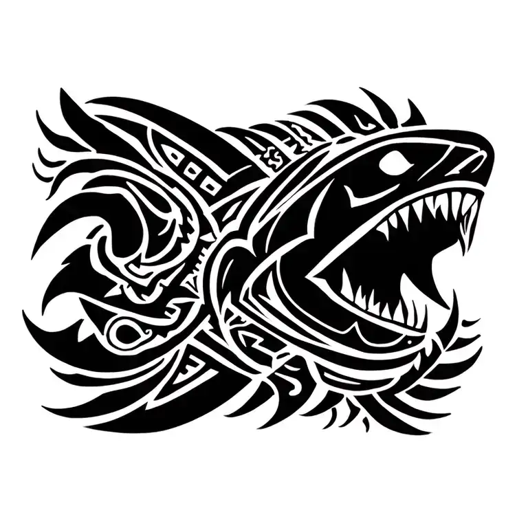 A unique combination of Enata, Tiki, Shark tooth, and Turtle elements in a Polynesian tribal design tattoo design idea