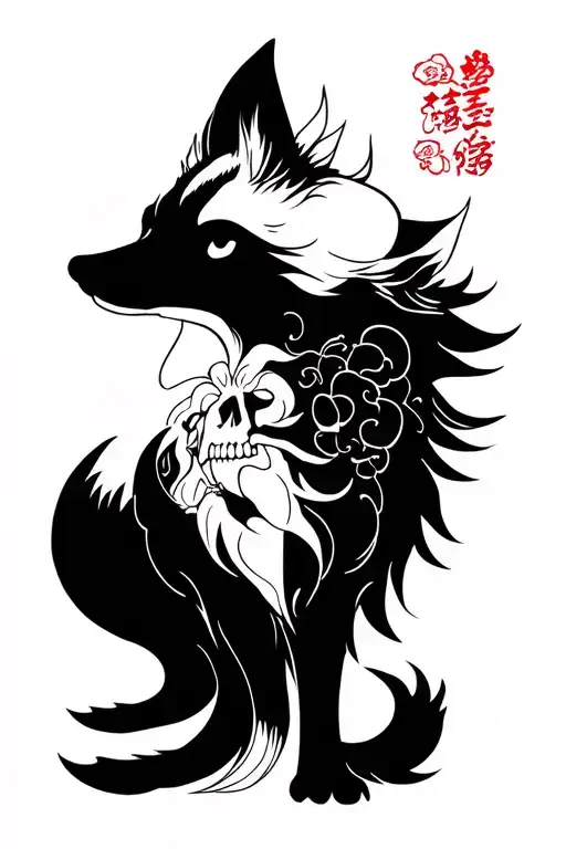fox and skull tattoo design idea