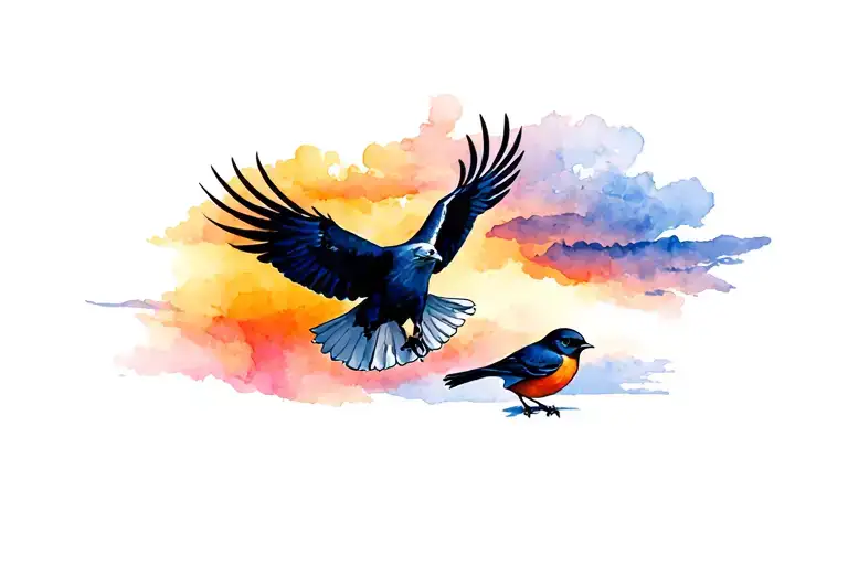 Sunset in the background with a eagle soaring and a robin on the ground  tattoo design idea