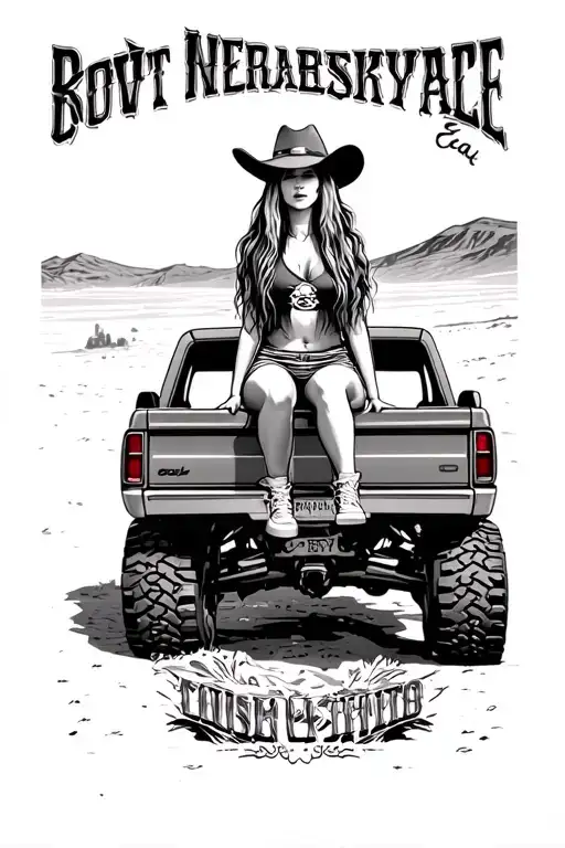 realistic portrait of a long hair Cowgirl sitting in back of squarebody lifted chevy with big tires in desert tattoo design idea