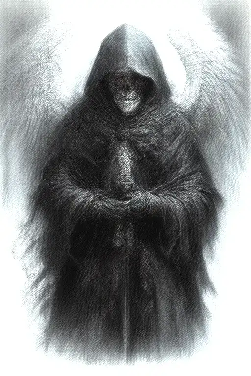 angel of death, in a black tattered cloak with a hood, with red eyes with a glare, with a katana tattoo design idea