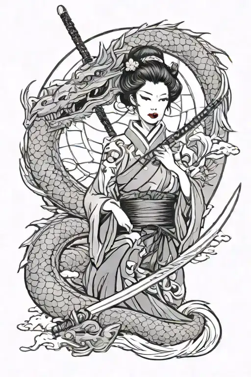 beauty geisha samurai brings katana sword while touching her lip with dragon surround in the moonlight.  tattoo design idea