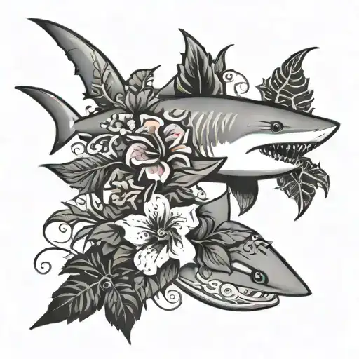 tribal shark with hibiscus flower and holly and ivy tattoo design idea