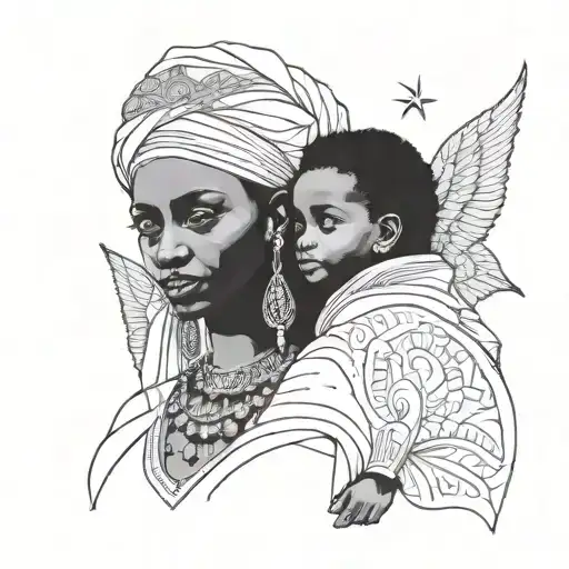 ethiopian women full body a child, women have wings both wearing traditional habesha white dress, traditional hair style tattoo design idea