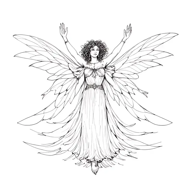 Victorian, cathedral, whimsy, goth, African American, curly haired, fairy goddess, six wings, reaching up toward the Sun tattoo design idea
