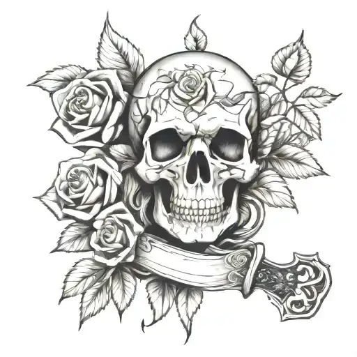 skull roses knife family tree tattoo design idea