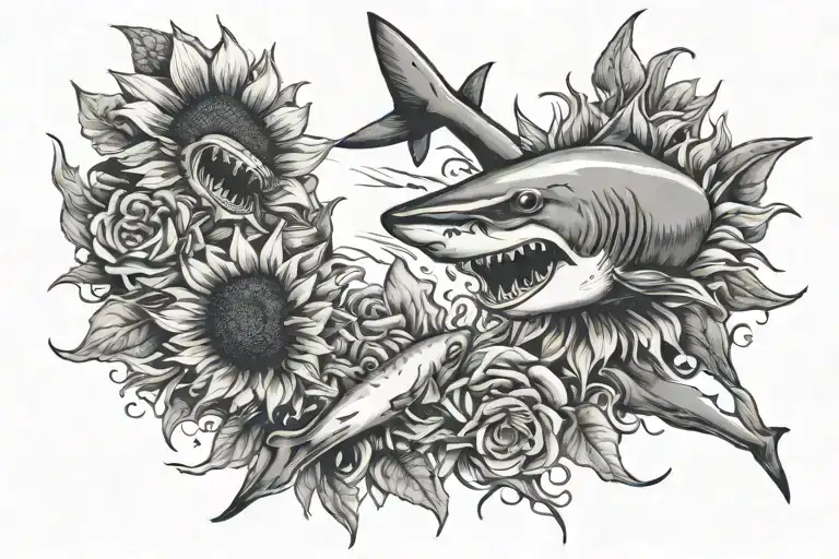 sunflower and sharks chasing each other tattoo design idea