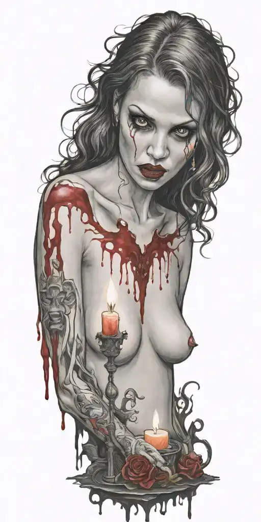 vampire blood women nude candle burning tattoo design idea