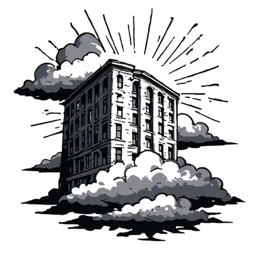 clouds and sun rays shining down beside a building tattoo design idea