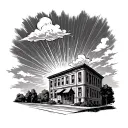 clouds and sun rays shining down beside a building tattoo design idea