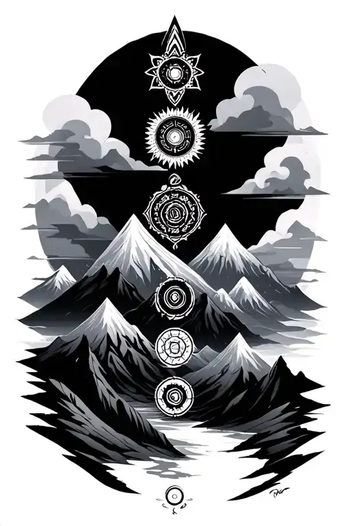 chakra symbols fusion with mountains tattoo design idea