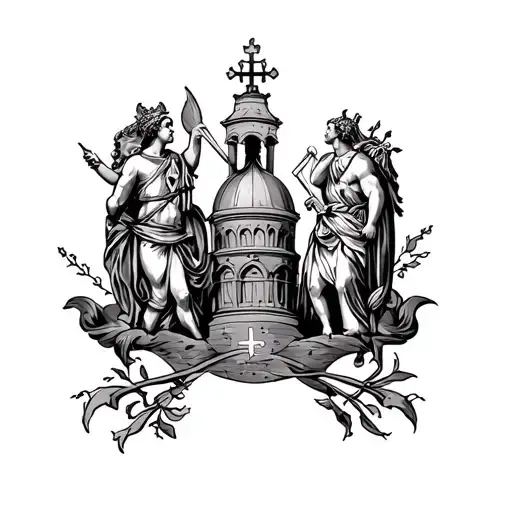 Tattoo on the back: domes and St. George in traditional old school style tattoo design idea