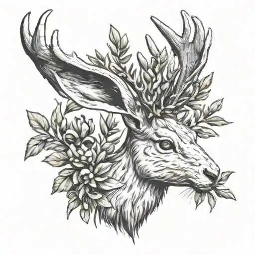 jackalope head with olive branches for antlers  tattoo design idea