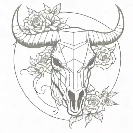 geometric Capricorn feminine bull skull with flowers  tattoo drawing style tattoo design idea