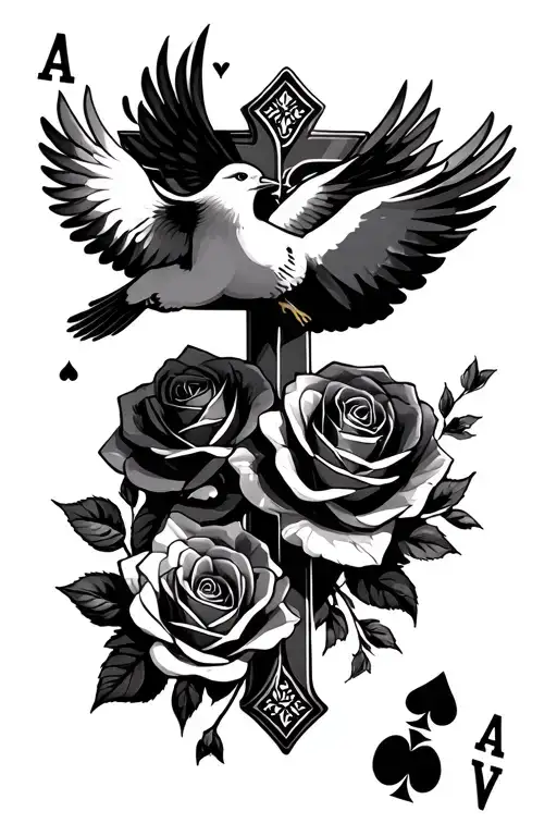 poker cards floating doves plus cross with roses intertwined tattoo design idea