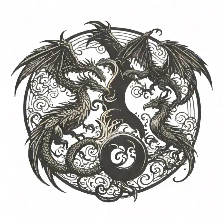 A dragon and phoenix facing each other with the silhouette of a family in the background tattoo design idea