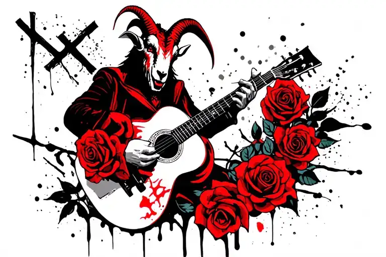 satan with goat head playing the guitar intertwined roses and an upsidedown cross tattoo design idea