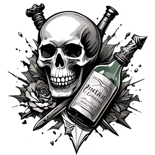 Skull, dagger and broken bottle tattoo design idea