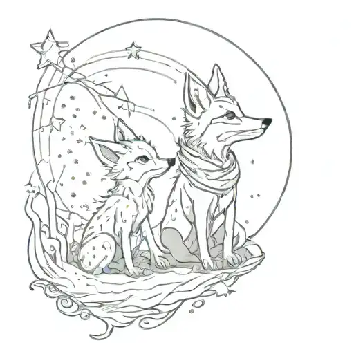 Little Prince and the fox looking at the sky filled with stars tattoo design idea