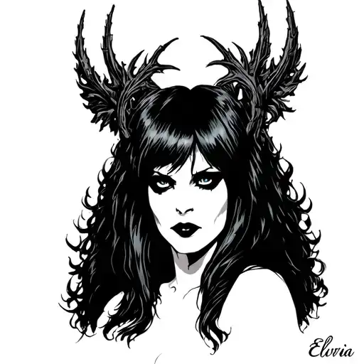 Elvira headshot to shoulders gothic cathedral tattoo design idea