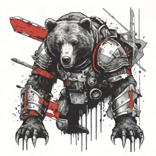 a bear in armor with a hammer calmly looks straight at you tattoo design idea