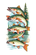 rainbow trout, catfish, crappie, Christ, mountain lake, family, America, freedom tattoo design idea