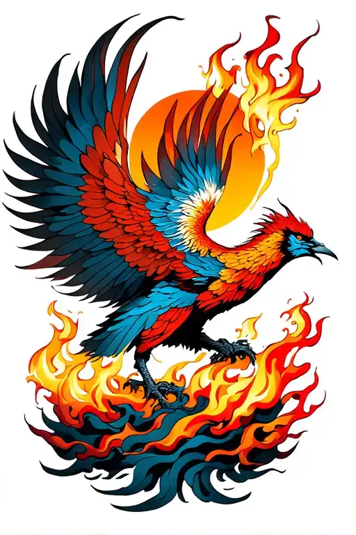 phoenix, surrounded by flames rising from ash and heading to sun.  tattoo design idea