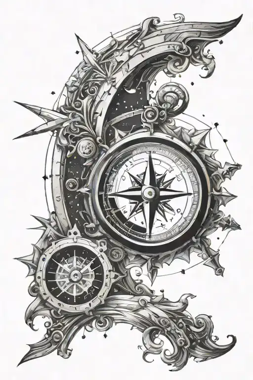 arch monument with compass and constellation in the shape tattoo design idea