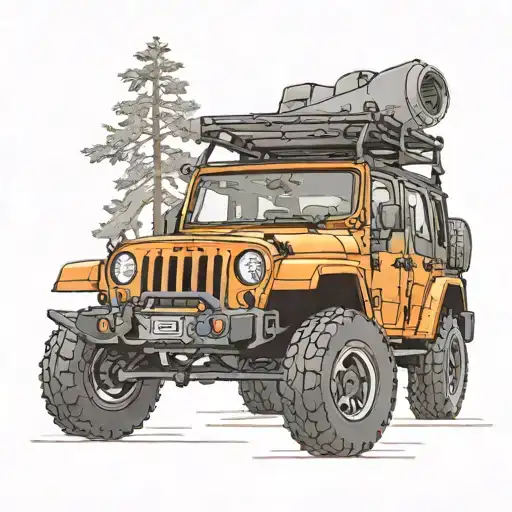 beginning with a off road trail that starts near the wrist  and winds up to the shoulder, a orange Jeep wrangler is on t tattoo design idea